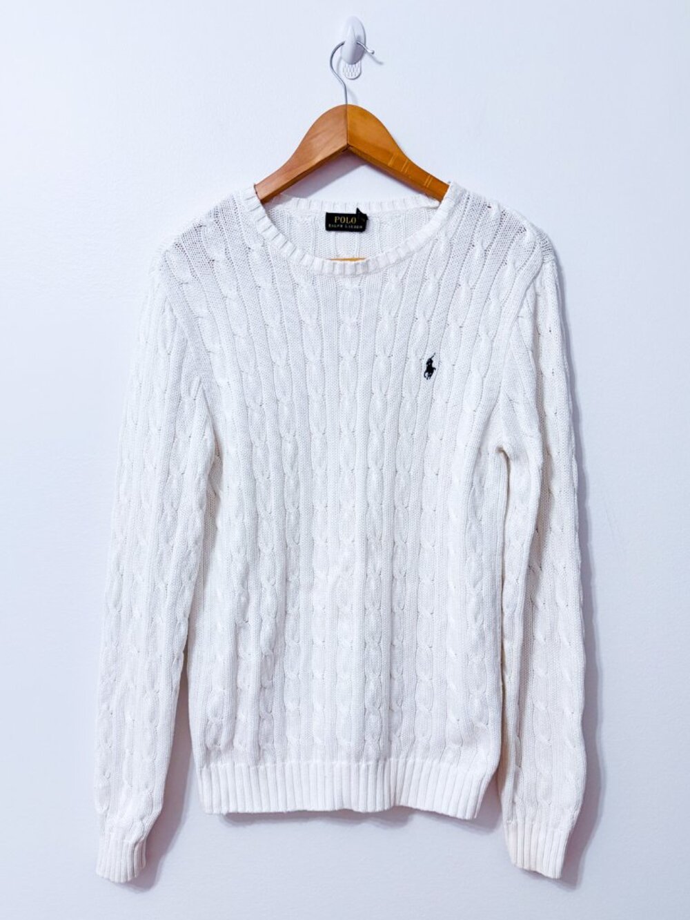 POLO RALPH LAUREN White Cable Knit Cotton Crew Neck Preppy Sweater Large